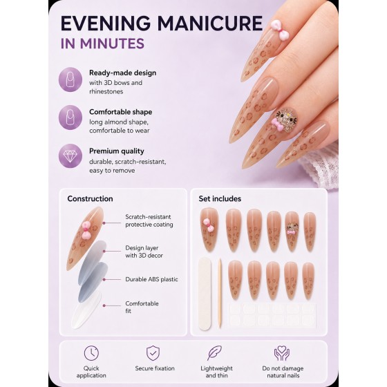 Nude Leopard Print Press‑On Nails with 3D Hello Kitty & Bows, Long Almond Cute Sweet False Nails